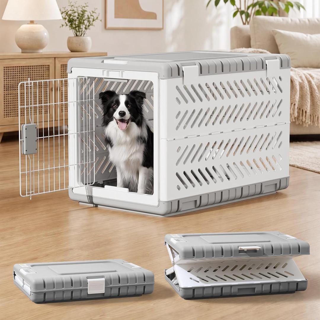 36" L Travel Dog Crate -Collapsible Dog Crate for Large/Medium Dogs, No Tools Required with Space Saving Design, Portable Foldable Dog Carrier with 2 Smooth Wheels, Handles for Easy Moving, Grey