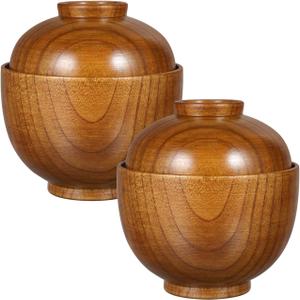 Luxshiny Set of 2 Miso Soup Bowls with Lid: Wooden Soup Bowls for Home Kitchen Restaurant - Brown