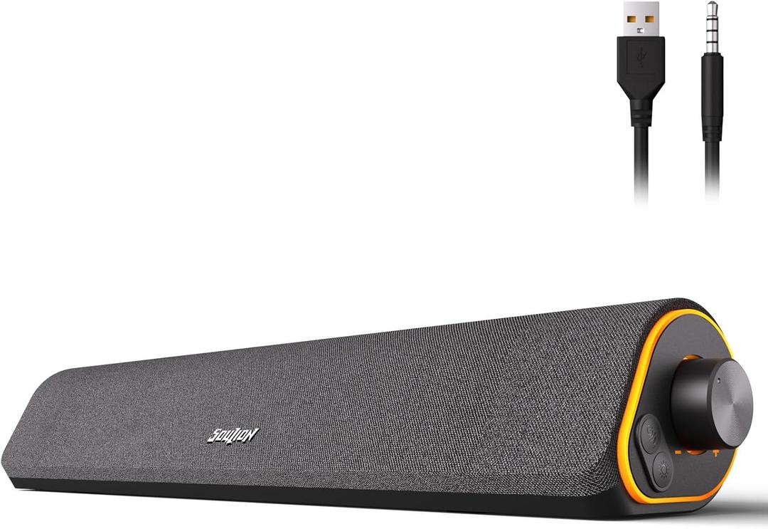 SOULION R50 Bluetooth Computer Speakers, 3.5mm PC Sound Bar for Desktop Monitor, Wired USB Powered & Colorful LED Lights with Switch Button, Surround Sound Soundbar PC Spearkers for Computer (Dark Grey)