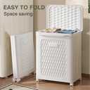 VECELO Rolling Laundry Hamper with Wheels and Lid, Foldable Plastic Laundry Basket with Handle, Rolling Divided Laundry Cart for Small Spaces, Laundry, Bathroom, Bedroom, White