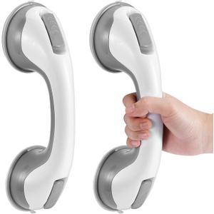 Grab Bars for Bathtubs and Showers, 12 Inch Shower Handle Strong Suction Cup Grab Bar for Shower Chair Stool, Bathroom Safety Bar for Seniors, Elderly, Handicap (2 Pack) (Gray)