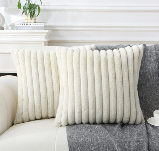 Decorative Throw Pillow with Inserts, Set of 2 Soft Faux Fur Throw Pillows, Square Boho Striped Pillow for Couch, Bed, Sofa Decor(Beige, 18" x 18")