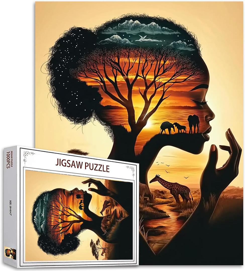 Black Girl Jigsaw Puzzles 1000 Pieces for Adults, Families (Africa Woman,Elephant,Giraffe,Tree of Life) Pieces Fit Together Perfectly 19.7''x27.6''inch African American Frameable Magic Puzzle Ar