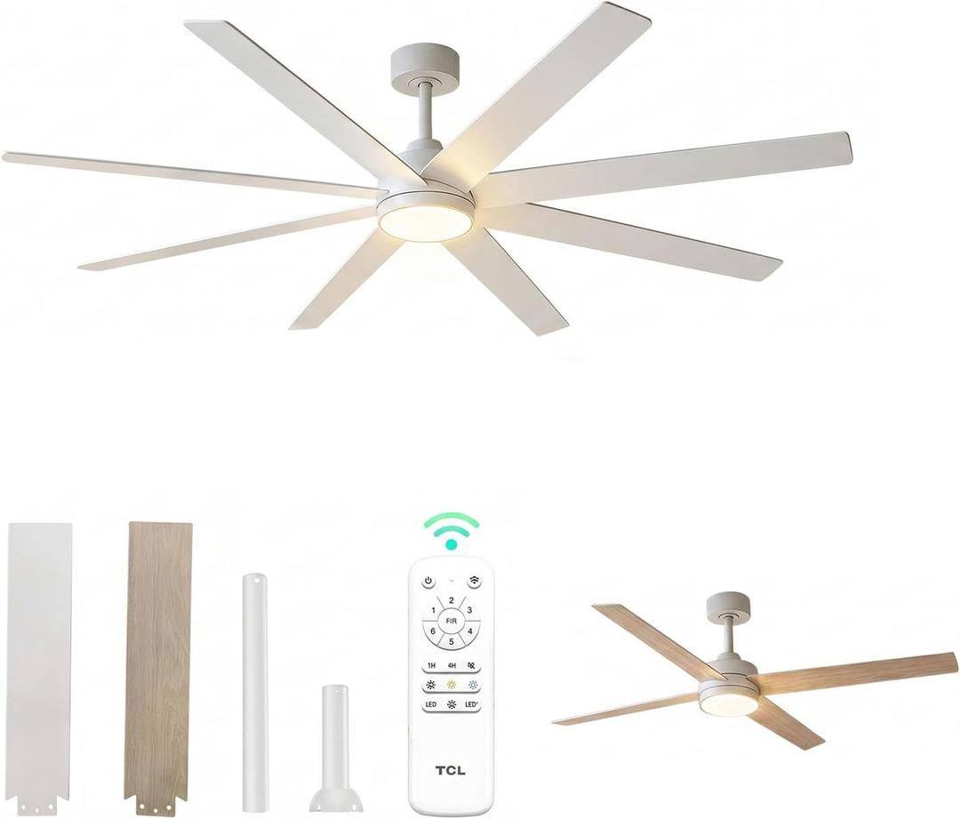 TCL 72 Inch Large Ceiling Fans with Lights and Remote, Indoor/Outdoor Modern Ceiling Fan,8 Blades 6 Speed Reversible Quiet DC Motor, for Living Room Patio Garage High Ceiling (white, 72)