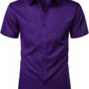ZEROYAA Men's Casual Urban Stylish Slim Fit Short Sleeve Button Up Dress Shirt with Pocket (Large, Purple)