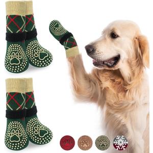 BEAUTYZOO Non Slip Dog Socks to Prevent Licking Paws -Dog Boots & Paw Protectors with Grippers on Hardwood Floors, Dogs Shoes for Hot/Cold Pavement Small Medium Large Senior Dogs Booties (L(2.6"-3" W | Pack of 4), Plaid Green)