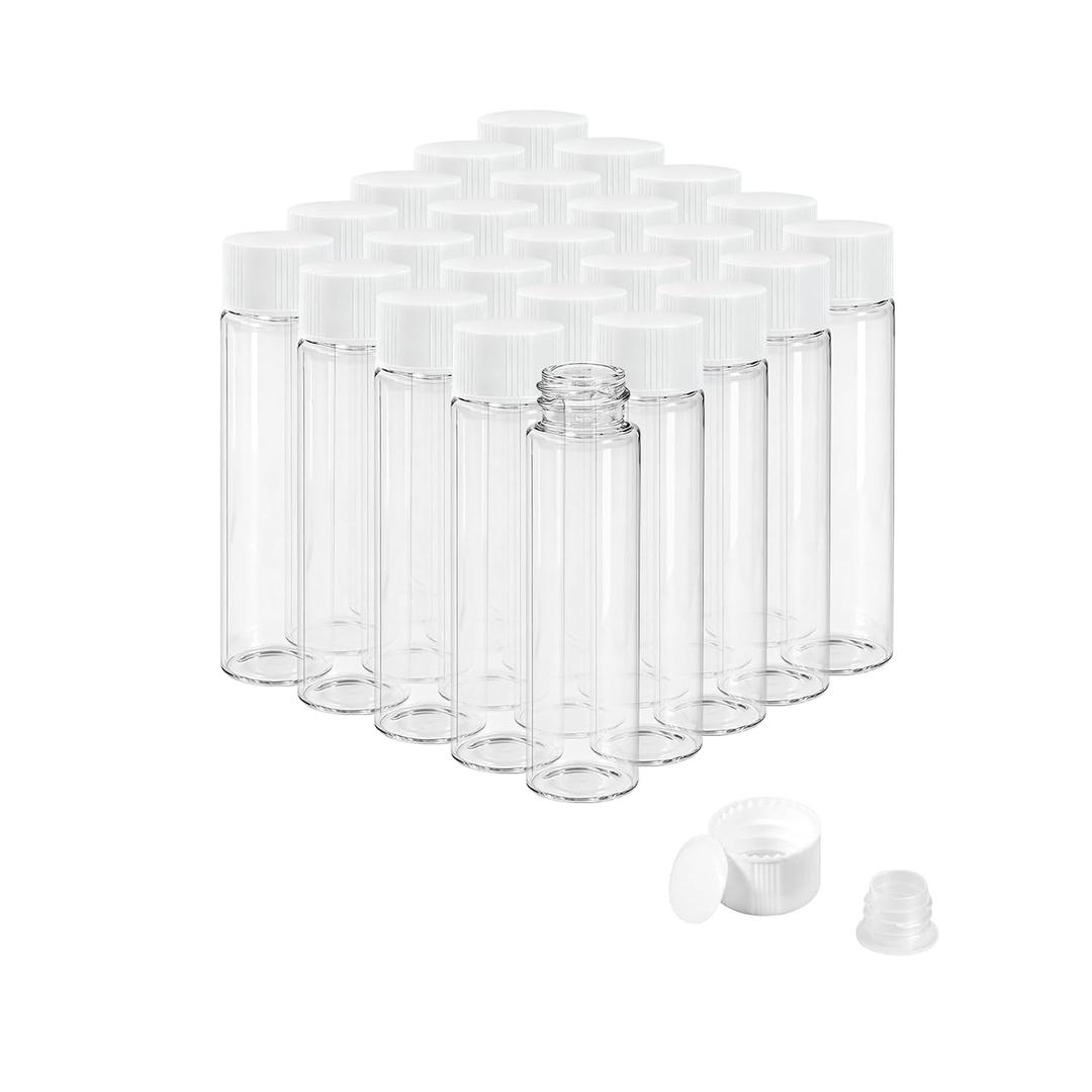 20ml Clear Glass Vials with Screw Caps and Plastic Stoppers, Small Liquid Sample Vial, Leak-Proof Vial, 25PCS(White Cap)