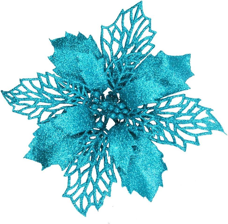 24 Pcs Christmas Teal Blue Glittered Mesh Holly Leaf Artificial Poinsettia Flowers Picks Tree Ornaments 5.9" W for Teal Blue Christmas Tree Wreath Garland Floral Gift Winter Wedding Holiday Decoration