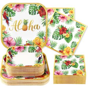 Grencian 200Pcs Hawaiian Luau Party Decorations Aloha Tropical Hibiscus Floral Luau Plates and Napkins Palm Leaf Tableware Sets for Summer Holiday Hawaiian Birthday Dinner Party Supplies Serves 50