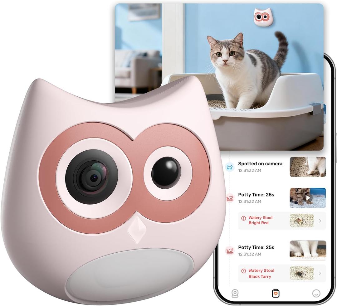 Litter Box Camera AI Cat Health Monitoring, Records Toileting Behavior, UTI/Diarrhea Abnormal Alerts, Fits Automatic & Standard Litter Boxes, Multi-Cat Support, Night Mode Cat Cam (Pink)