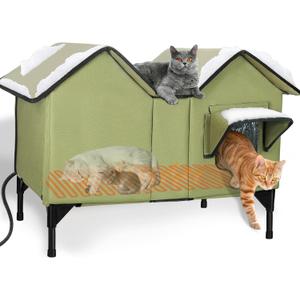 Extra Large Heated Cat House for Outside, Elevated Waterproof Outdoor Cat House Weatherproof for Winter, Insulated Outdoor Cat Shelter with Escape Doors and Heating Pad for Multiple Cats, Green