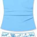 Girls Swimsuit Solid Color 2 Piece Girls Tankini Swimsuit Contrast Trim Teen Bathing Suit Padded Modest Swimwear 9-16y (11-12 Years, Palm Tree-blue)