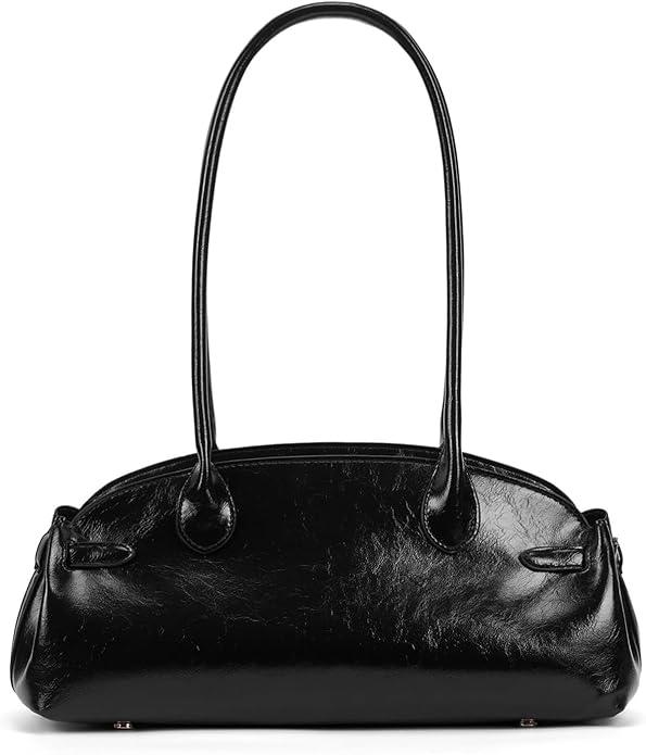 Vintage Shoulder Bag - Glossy Leather Top Handle Handbag, Retro Minimalist Dome Shoulder Purse, Elegant Underarm Bag Black