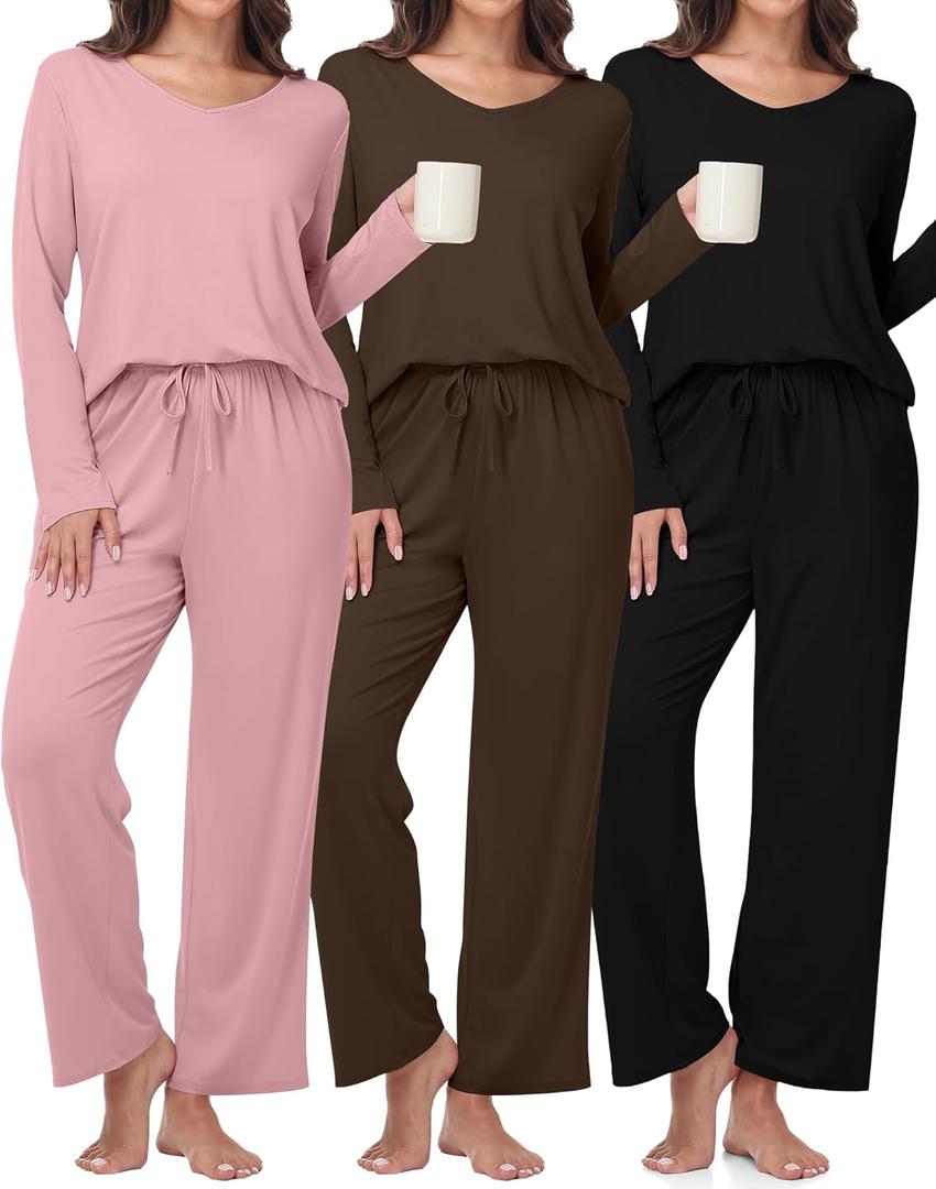 3 x 3 Pack Women's Pajama Set Long Sleeve Pajamas Top and Pants Soft V Neck Lightweight Pjs Set Comfy Loungewear Summer (Black, Pink, Brown, L)