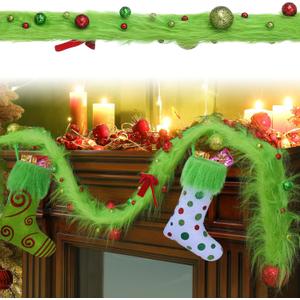 Jutom 6 Feet Whimsical Christmas Garland Decorations Xmas Green Faux Fur Ribbon Trim with Red Green Balls Xmas Tree Winding Garland Furry Stripe Indoor Outdoor for Front Door Fireplace Table Decor