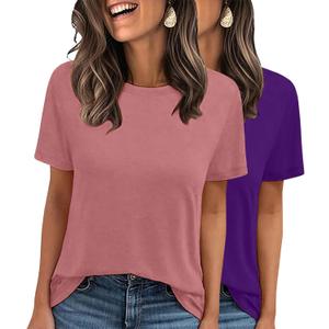 LOOKFACE 2 Pack Womens Basic T Shirts Summer Tops 2026 Short Sleeve Tees Comfy Casual Vacation Clothes Purple Mauve Large