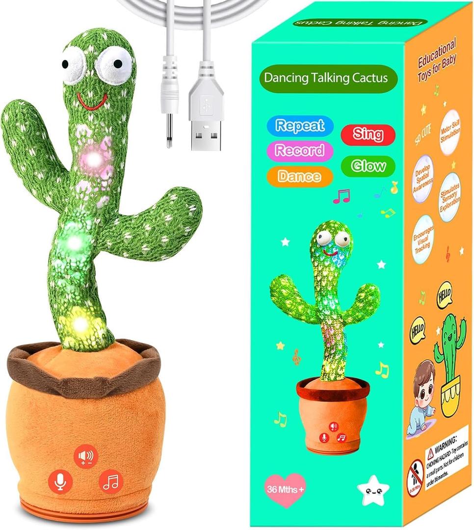 Rechargeable Baby Toys 3-6 6-12 12-18 Months Dancing Talking Cactus, Toddler Boys Girls Gifts for 2 3 4 5 6 7 8 9 10 Month Old Baby Toy Singing Mimicking Recording Repeating and 120 English Songs
