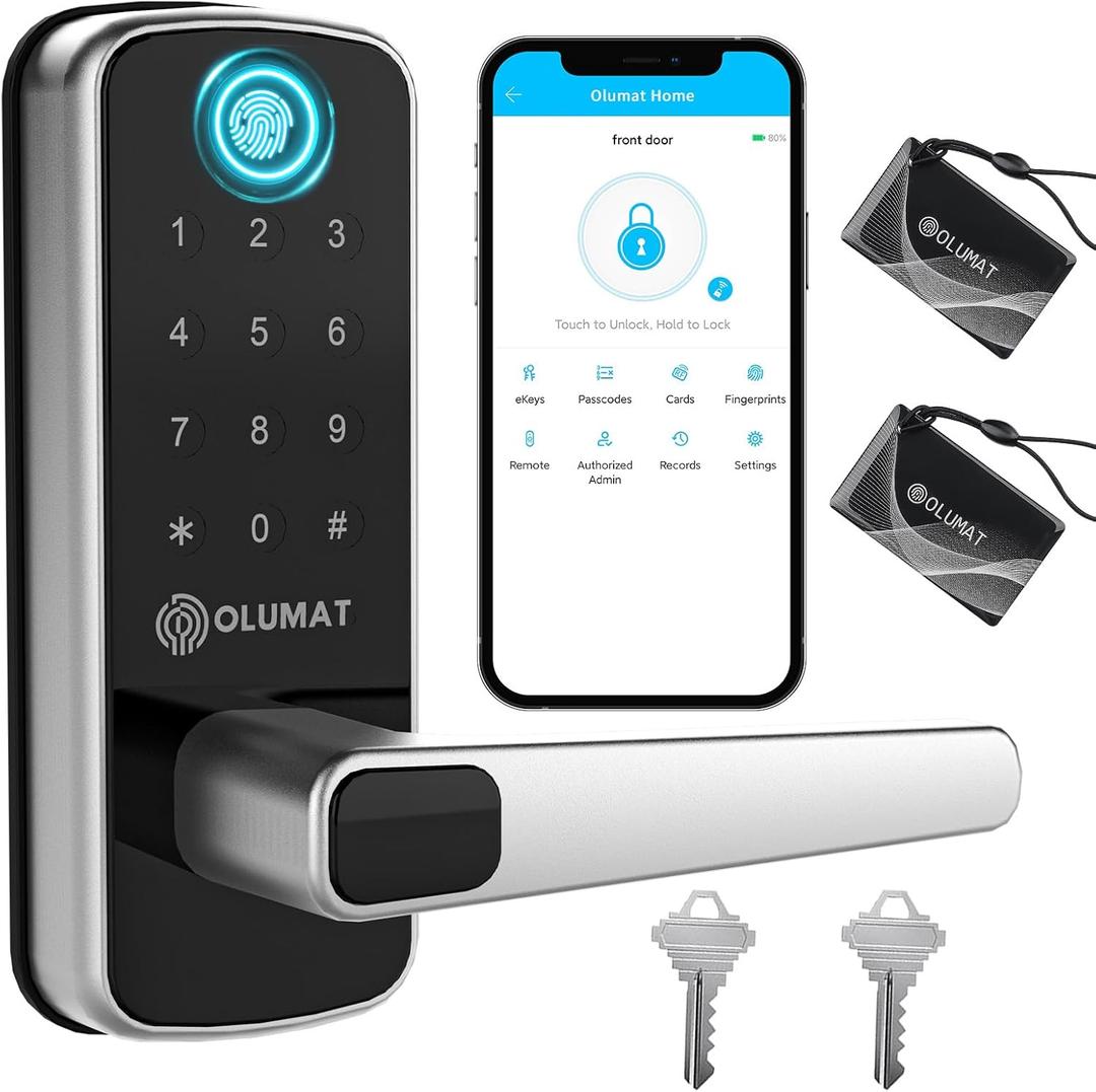 Keyless Entry Fingerprint Door Lock with Keypad and Handle for Home, Rental, Garage, Office and Hotel (Silver Smart Lock)