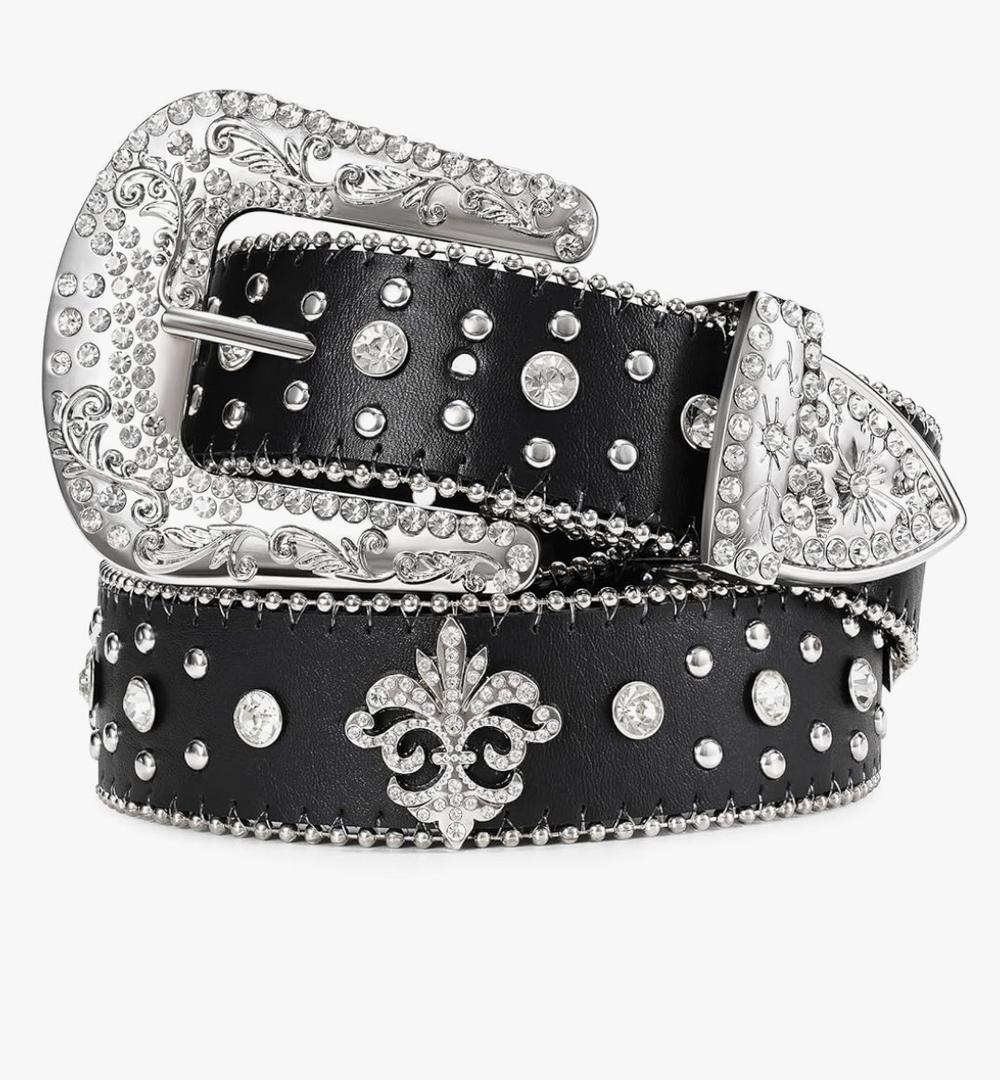 JASGOOD Rhinestone Studded Belt for Men Women, Western Leather Belt for Cowgirl Cowboy Vintage Bling Belt for Pants Dress