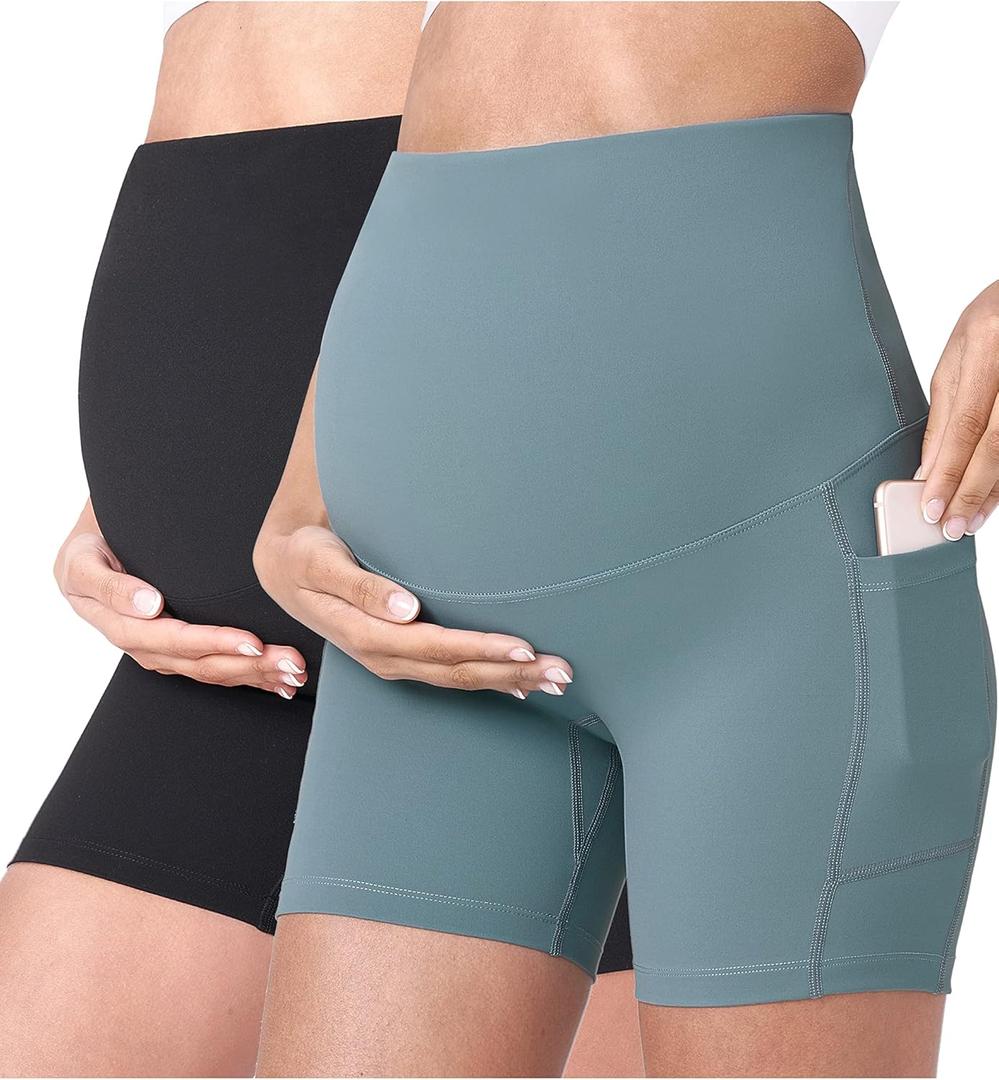 POSHDIVAH 2PCS Black Light Green Women's Maternity Yoga Shorts Over The Belly Bump Summer Workout Running Active Short Pants with Pockets 5" Small