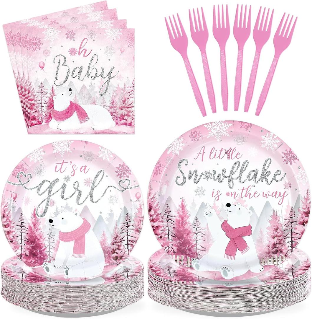 200Pcs Pink Winter Little Snowflake Baby Shower Decorations A Little Snowflake Is on the Way Plates and Napkins Baby lts Cold Tableware Set for Winter girl Baby Shower Gender Reveal Supplies Serves 50