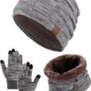 AWAYTR Kids Winter Hat Gloves Scraf Sets, Beanie for Boys Girls Toch Scree Gloves Neck Warmer for Toddler (Gray)