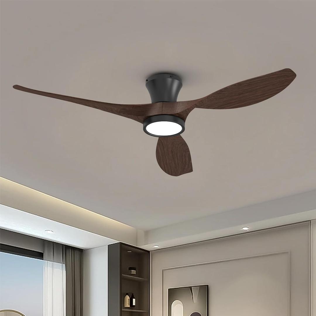 TALOYA 52 Inch Ceiling Fans with Led Lights Remote Control Flush Mount Low Profile for Bedroom Farmhouse Patio Outdoor Living Room Kitchen Dining Room,DC Motor,Reversible,Buzzer ON/Off,Black Walnut