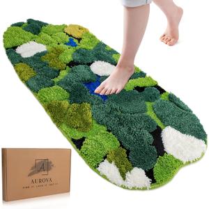 Premium 3D Moss Bath Mat Soft Green Bathroom Rug | Thick, Absorbent & Non-Slip Carpet | Machine Washable Forest-Inspired Bath Mat with Real Moss Look Nature Touch Bathroom Decor (42x19 in)