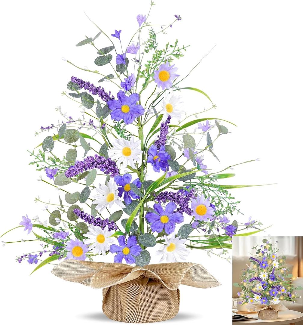TURNMEON 2FT/24Inch Artificial Summer Trees Tabletop Decorations, Lighted Artificial Tree with Eucalyptus Wildflower Daisy Lavender Flowers Linen Base Timer 20 LED Lights Home Party Table Holiday