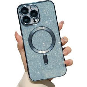 Designed for iPhone 14 Pro Max Magnetic Glitter Case, Cute with Camera Lens Protector, Compatible with MagSafe, Soft TPU Slim Shockproof Clear Protective Phone Case Cover for Women Girls, Blue