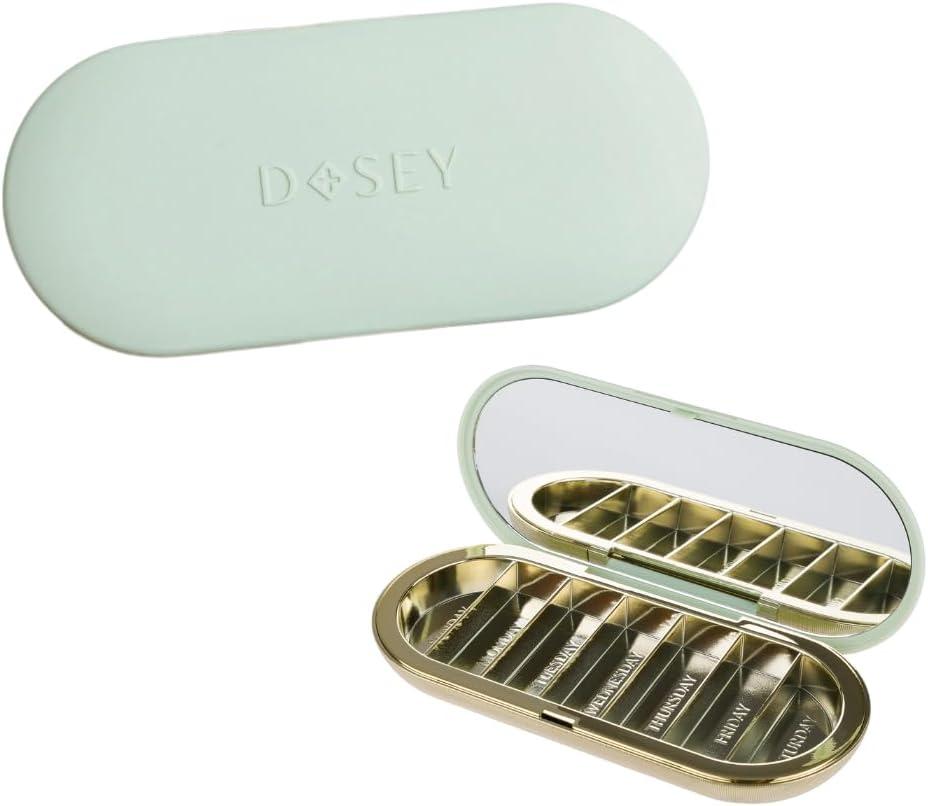 Dosey 7 Day Pill Compact Travel Pill Organizer - Pill Case with 7 Pill Compartments for Medicine Storage & Protection  Stylish & Elegant Medication Organizer with Mirror, Sage