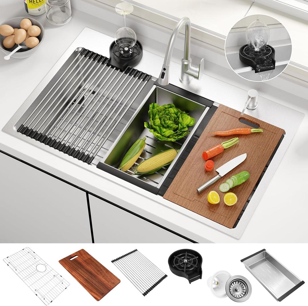 33x22 Inch Kitchen Sink Black Drop In Stainless Steel Kitchen Sinks 16 Gauge Single Bowl Workstation Luxury Top Mount Sink with 6 Accessories Include Glass Rinser (Brushed Nickel)