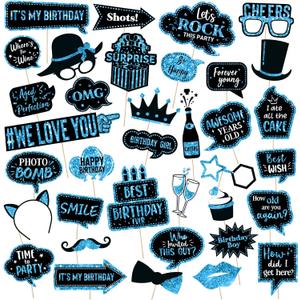Outus 36 Pcs Birthday Photo Booth Props Kit Happy Birthday Graduation Wedding Party Favors Supplies Bday Party Decor 40th- 50th-60th Photobooth Funny Cute Holiday Selfie Supplies(Blue and Black)