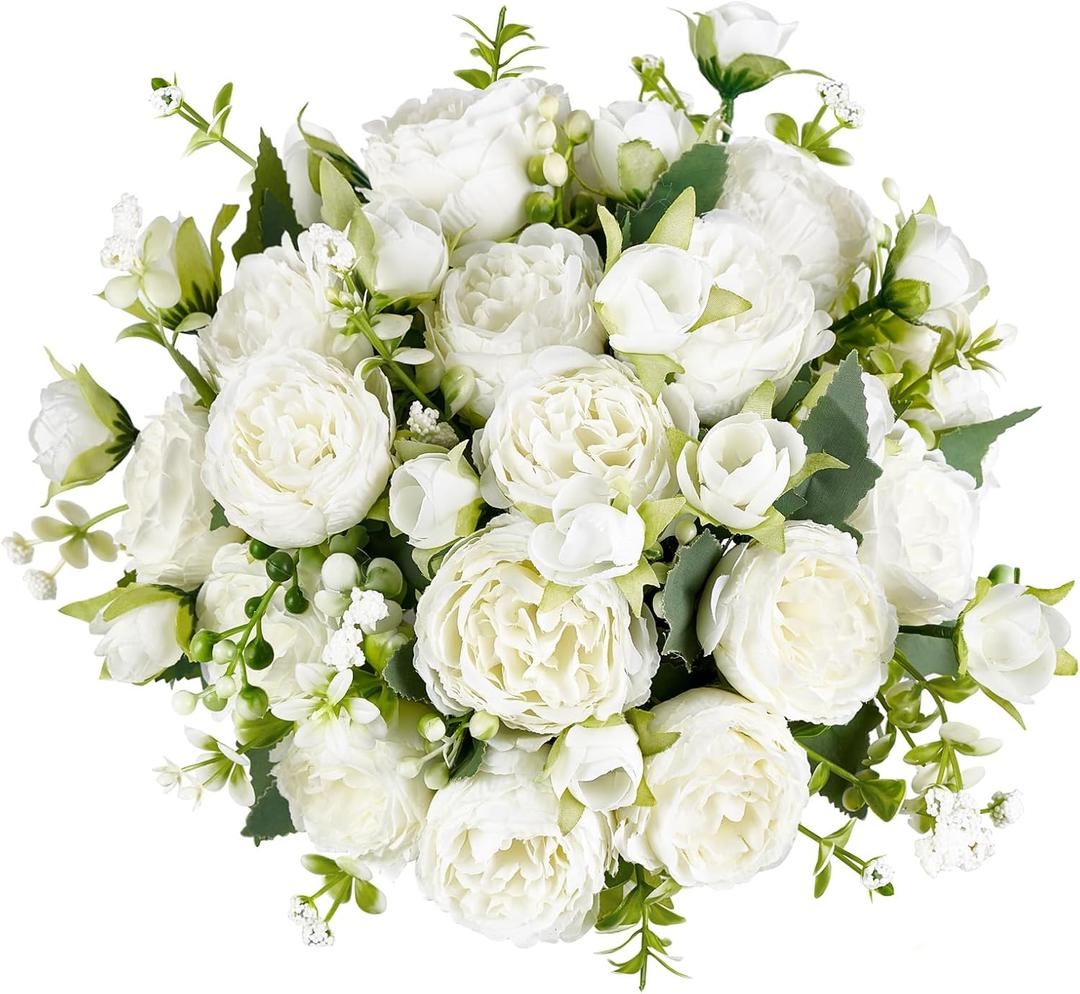Mkono Peonies Artificial Flowers, Small Silk Flowers for Home Decor Indoor Fake Bouquet Faux Floral Arrangements Dining Table Centerpieces for Kitchen Party Decor White