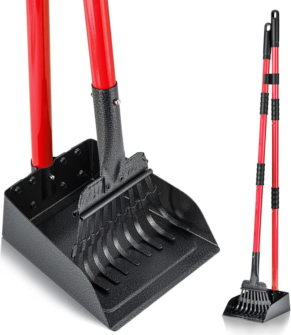 MXF Pooper Scooper, Dog Pooper Scooper Long Handle Stainless Metal Tray and Rake Set for Medium Small Dogs Heavy Duty - Use on Grass, Dirt or Gravel - Red