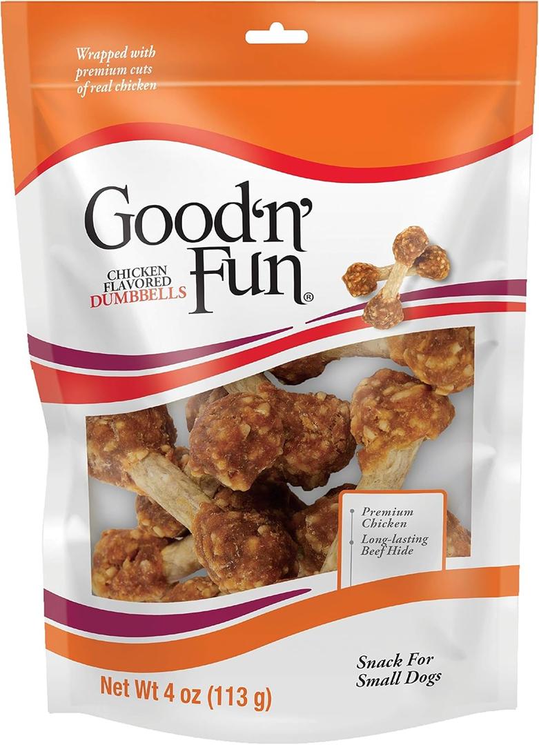 Good n Fun Chicken Flavored Dumbbells, 4 Ounces, Rawhide Snacks for Small Dogs