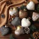 12 Pcs Neutral Texture Heart Christmas Ornaments 3.54 Inch Antique Rustic Brown Xmas Bulbs Ornaments Farmhouse Primitive Christmas Decorations for Tree Wreath Home Indoor Modern Holiday Decor