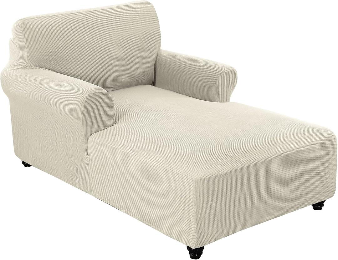 FantasDecor Chaise Lounge Cover Stretch Chair Lattice Slipcover with Armrests for Living Room Bedroom Double Arm Soft Jacquard Fabric Machine Washable, Beige