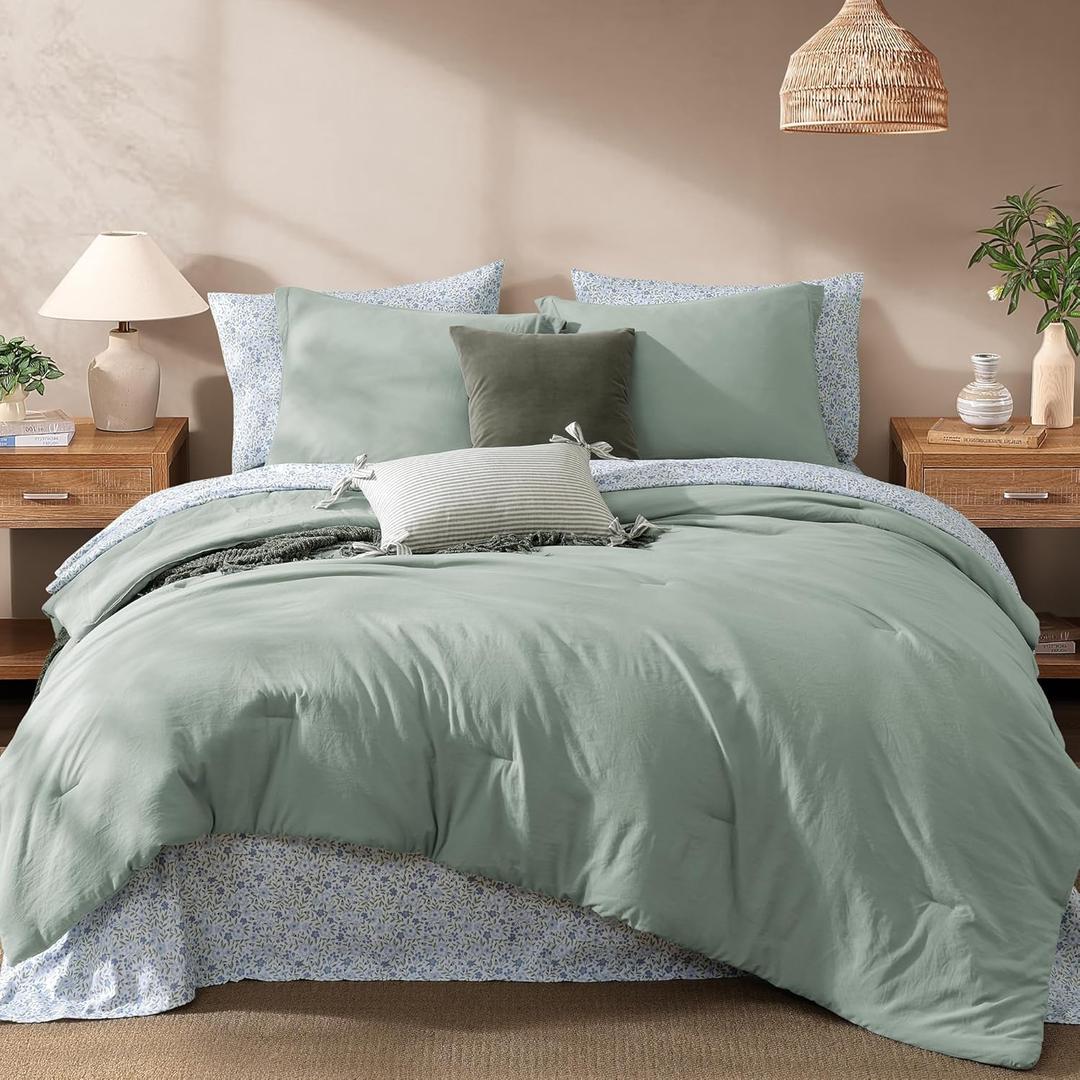 Monbix Queen Comforter Set - 7 Pieces Sage Green Prewashed Bed in a Bag Queen Bedding Sets with Comforters, All Seasons Ultra Soft Comforter Bed Set with Sheets,Pillowcases & Shams