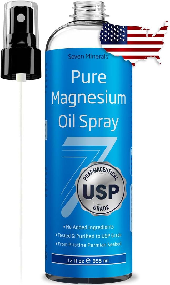Seven Minerals Pure Magnesium Oil Spray - Big 12oz - Pharmaceutical (USP) Grade, Highest Strength with Instant Relief for Feet, Sleep, Muscle Pain & Cramps - Mined in The USA