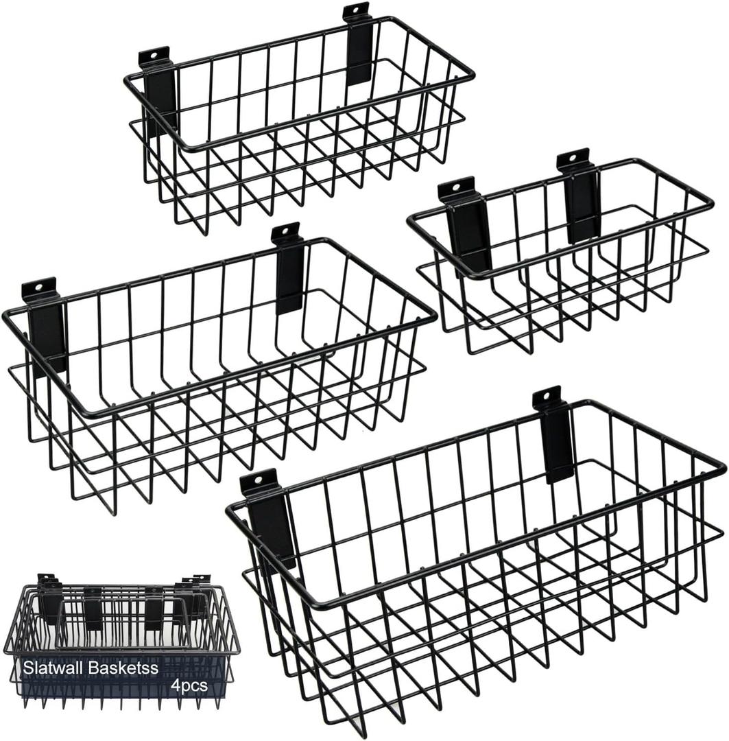 4Pcs Slatwall Baskets, Metal Slat wall Baskets Ventilated Mounted Storage Baskets Accessories for Storage Display on Garage Slatwall Panels (4pcs Black)