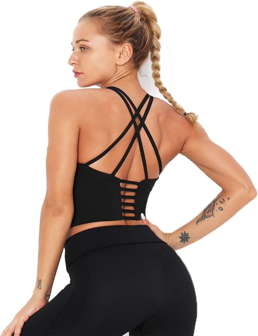 Redqenting Longline Sports Bra for Women with Removable Padded,Sexy Criss Cross Back Strappy Yoga Bras Workout Tank Tops (Black), XS