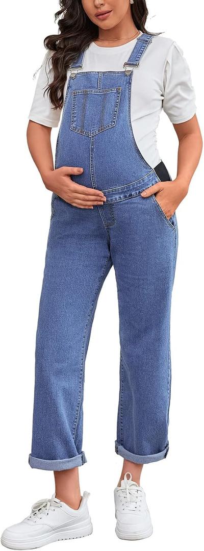 Maternity Overalls Bib Straight Leg Ankle Length Maternity Denim Overalls for Pregnant Woman (Blue, M)