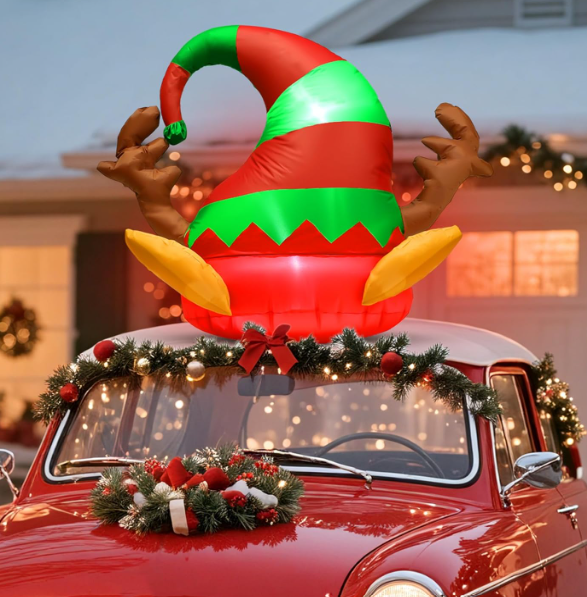 Soulchen 4 ft Inflatable Christmas Car Decoration Elf Car Roof Outdoor Decoration Christmas Blow up Elf Hat Yard Decor with Built-in LEDs for Xmas Holiday The Top of Truck Decor 