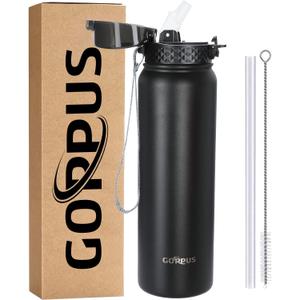 GOPPUS 32 oz Sports Water Bottle 1 Liter Double Wall Insulated Stainless Steel Water Bottles with Straw Lid Reusable Leak proof Metal water bottles with Strap Handle(Black 1 lid)