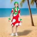Hawaiian Red Dress for Cosplay Halloween Costume with Leaf Print Summer Beach Party Outfit (Red)