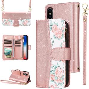 for iPhone Xs Max Floral Wallet Case with Flip Zipper Purse Wrist/Shoulder Strap Luxury Glitter Card Holder Stand Phone Cover for i X XR Xsmax 10x SX Xmax 10xs 10s 10 Plus Xmaxs Women Rose Gold