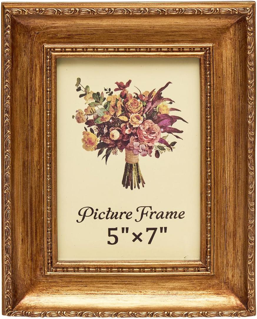 JANDERART Vintage Picture Frame 5x7 Inch, Antique Ornate Photo Frames with Glass Front, Brushed Design, Tabletop & Wall Hanging, Photo Gallery, Gold