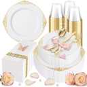 Hioasis 350pcs White and Gold Plates - White Party Plates for 50 Guest, Include 100 Heavy-duty Plates(20% Thicker Than Standard), 150 Cutlery Set, 50 Napkin, 50 Cups