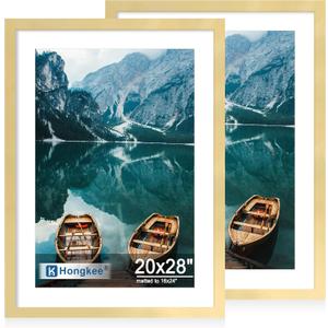 Hongkee 20x28 Picture Frame Set of 2, Gold Wood Style - Display Posters 16 x 24 with Mat or 20x28 without Mat, Wall Mounting Horizontal and Vertical